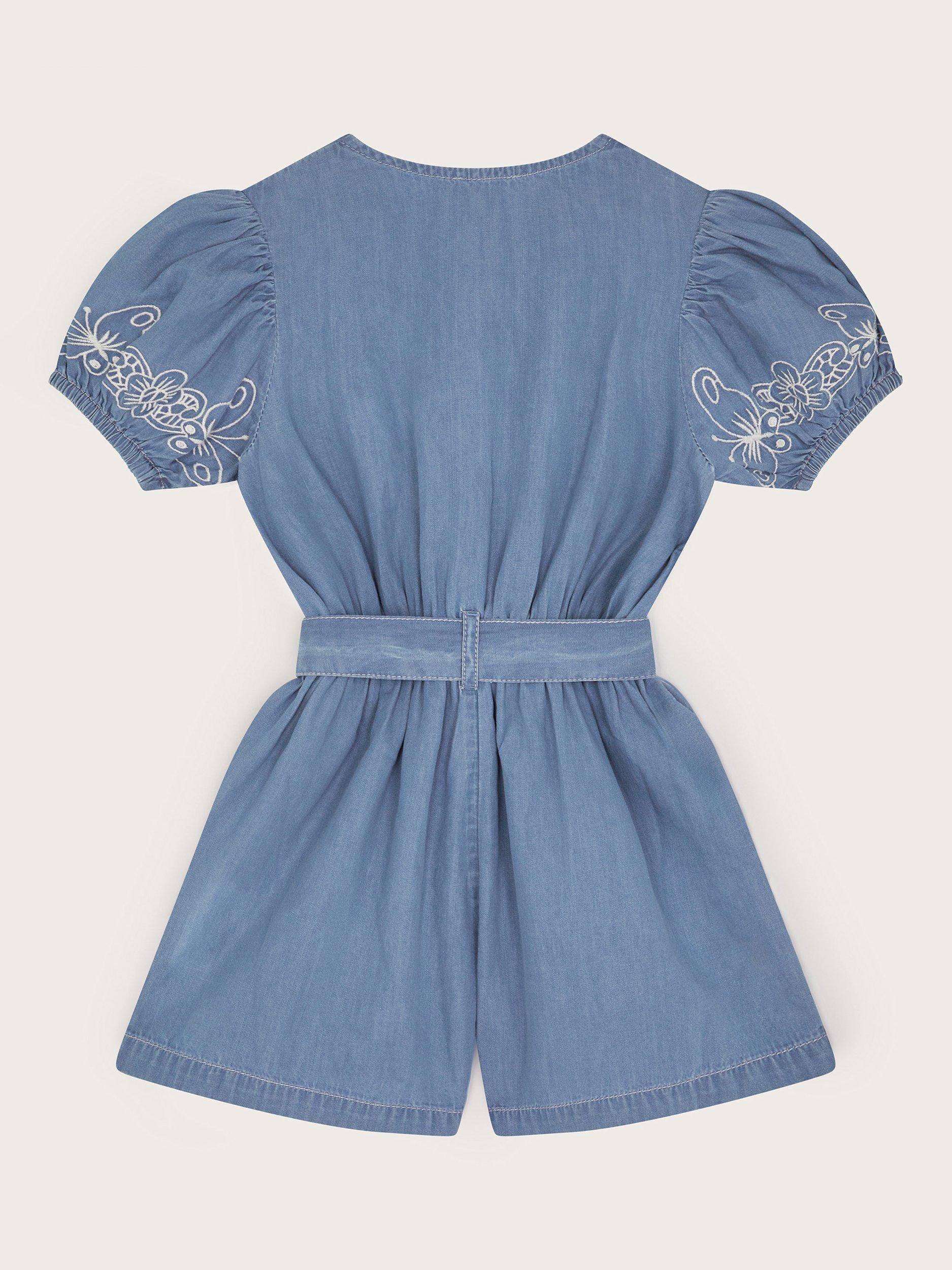 Product image 3 of 4, which shows Monsoon Kids' Cotton Chambray Playsuit, Blue, 3 years