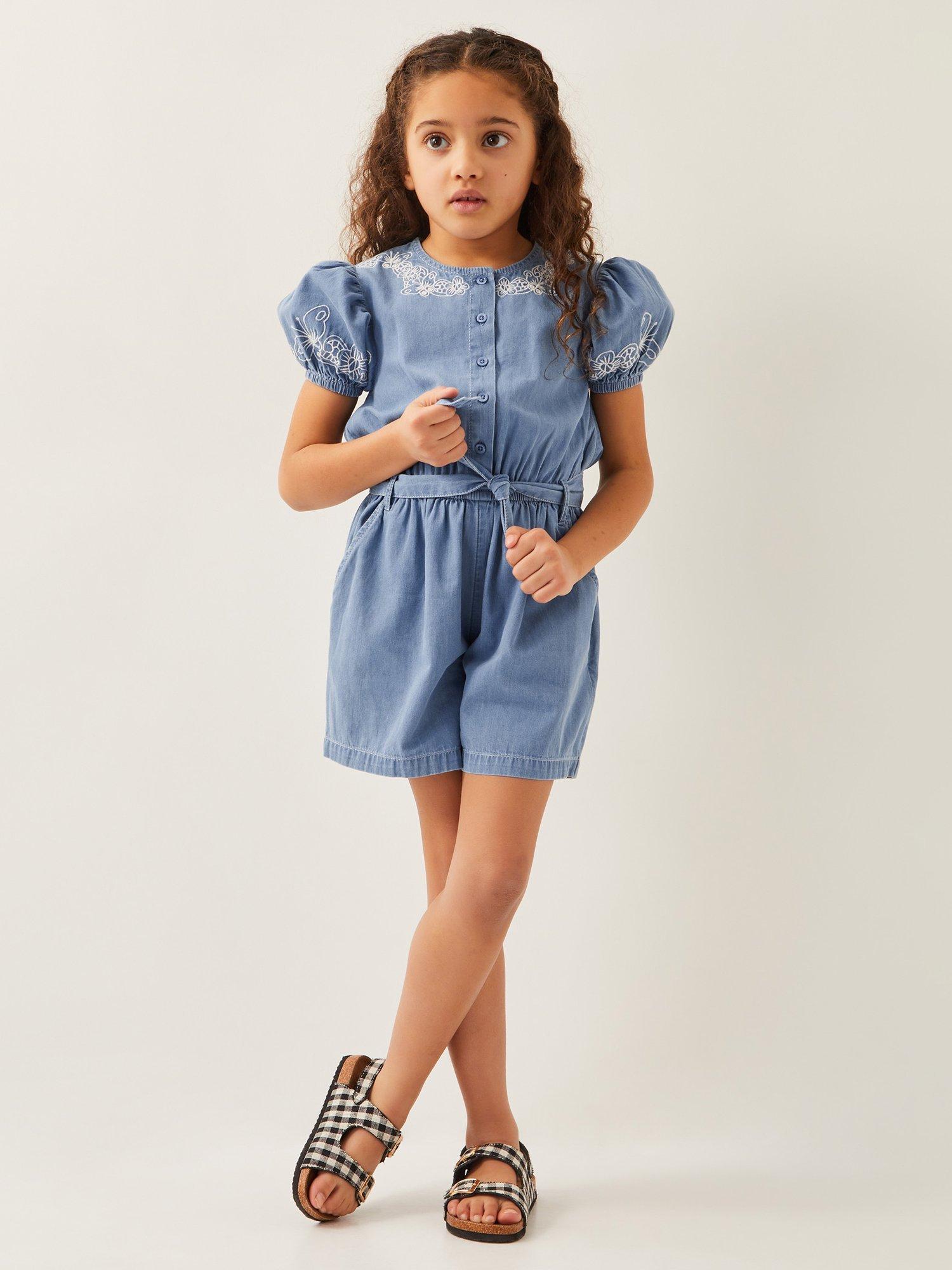 Product image 1 of 4, which shows Monsoon Kids' Cotton Chambray Playsuit, Blue, 3 years