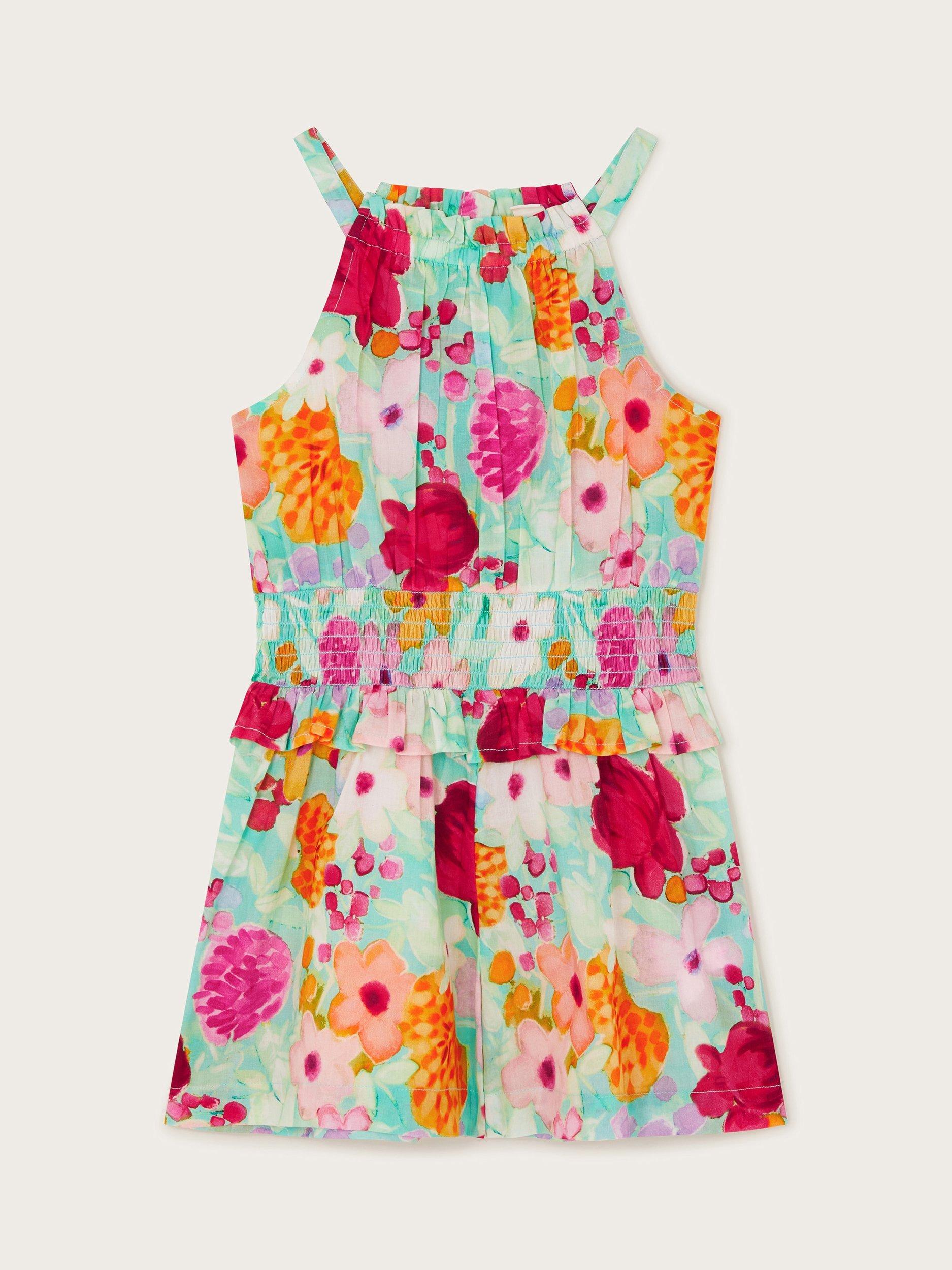 Product image 1 of 3, which shows Monsoon Kids' Floral Playsuit, Green/Multi, 3-4 years