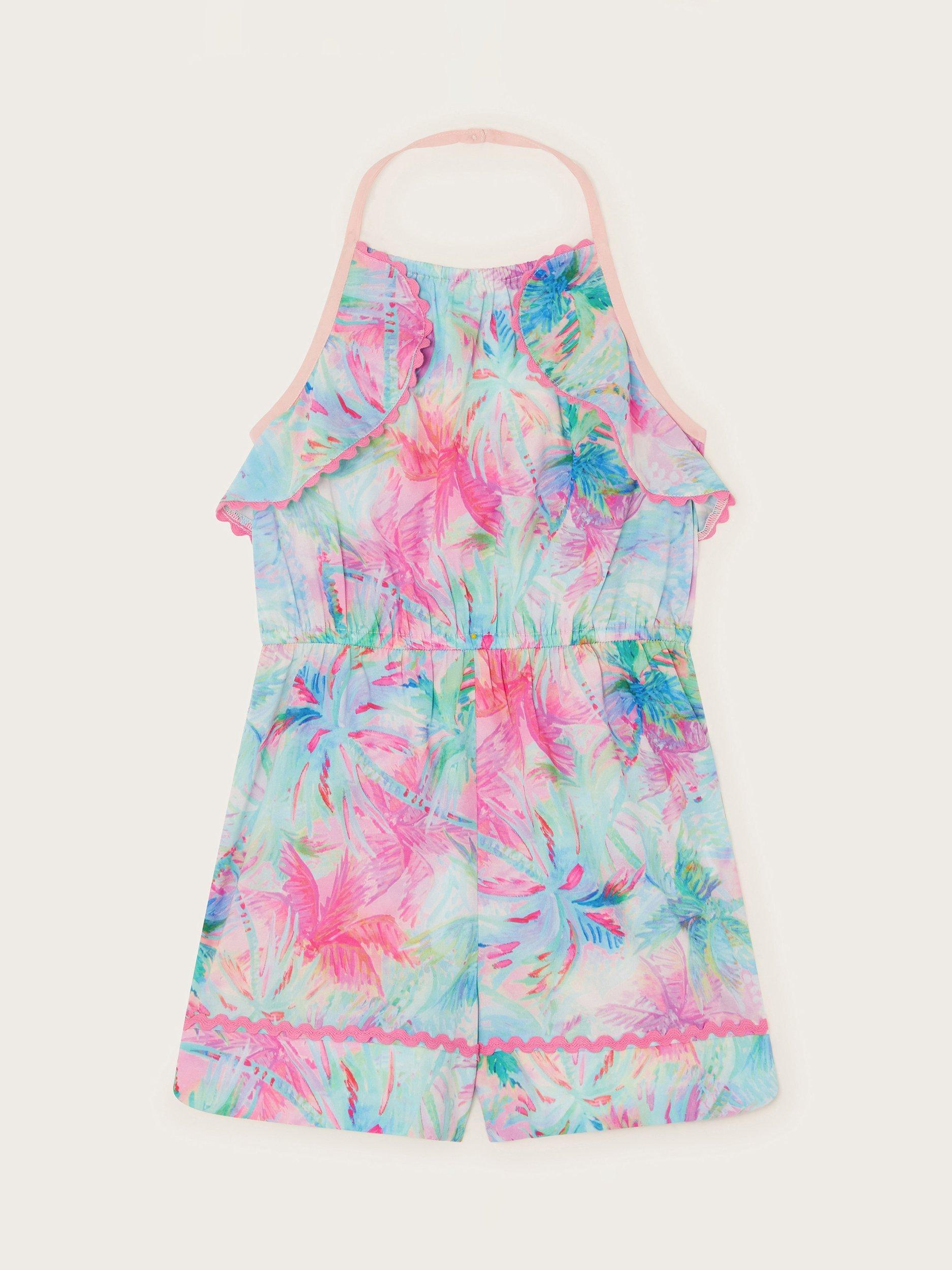 Product image 1 of 3, which shows Monsson Kids' Palm Print Halterneck Playsuit, Turquoise, 3-4 years