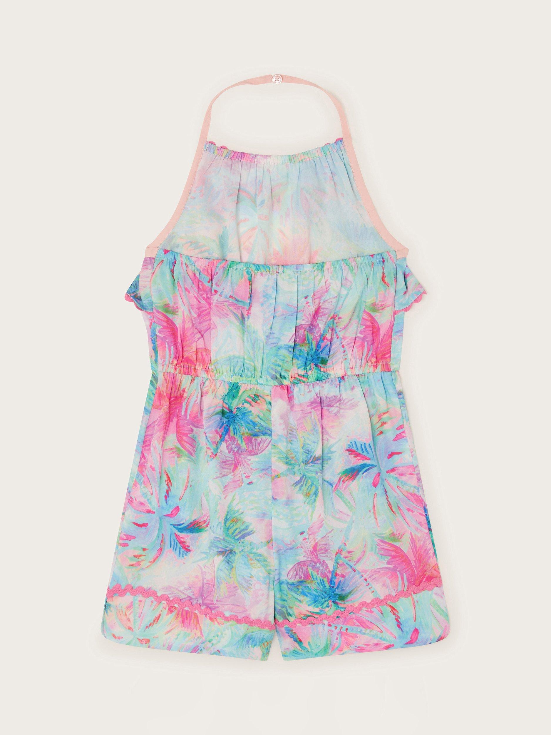 Product image 2 of 3, which shows Monsson Kids' Palm Print Halterneck Playsuit, Turquoise, 3-4 years