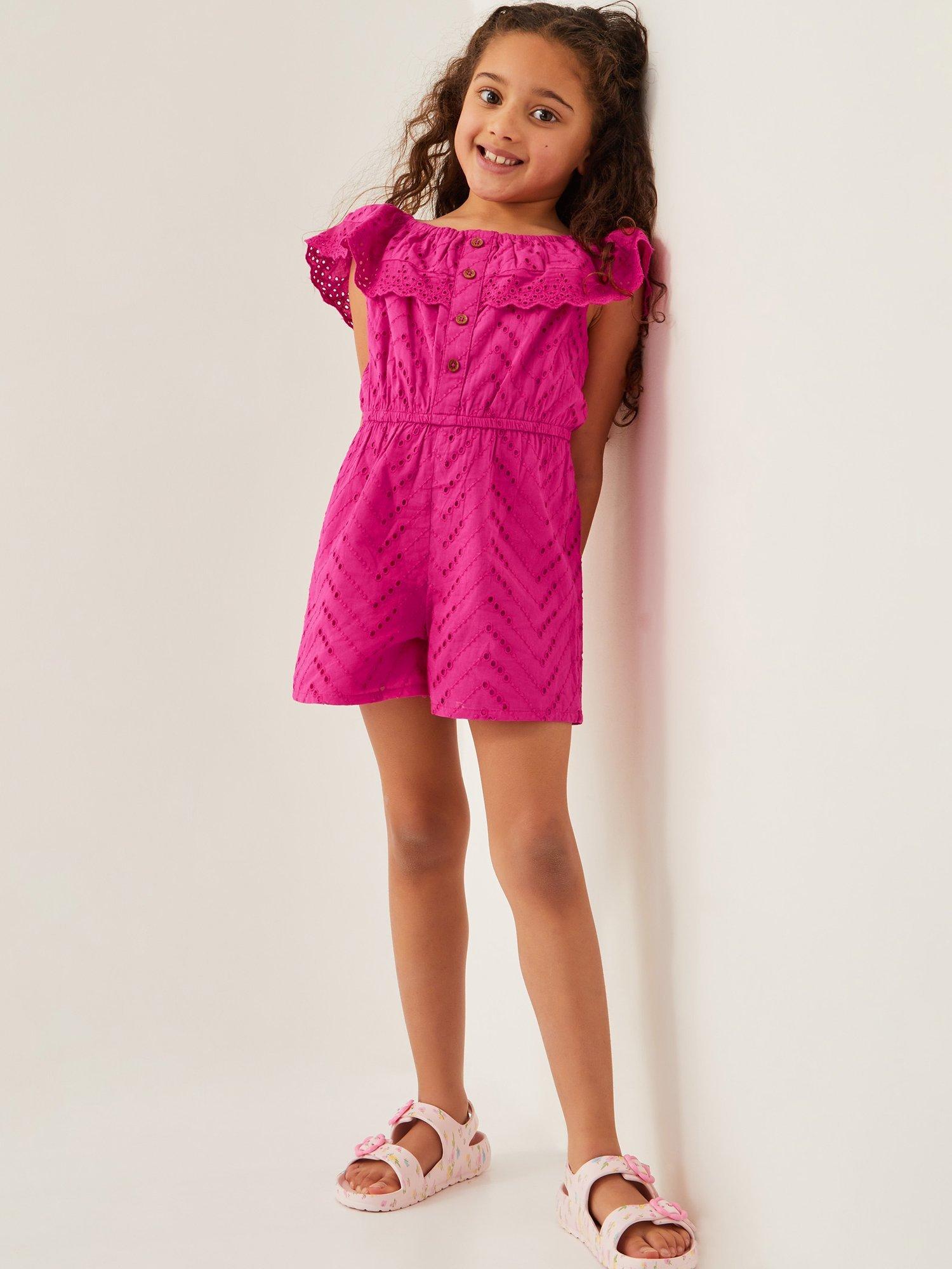 Product image 1 of 4, which shows Monsoon Kids' Ruffle Broderie Playsuit , Pink, 3-4 years