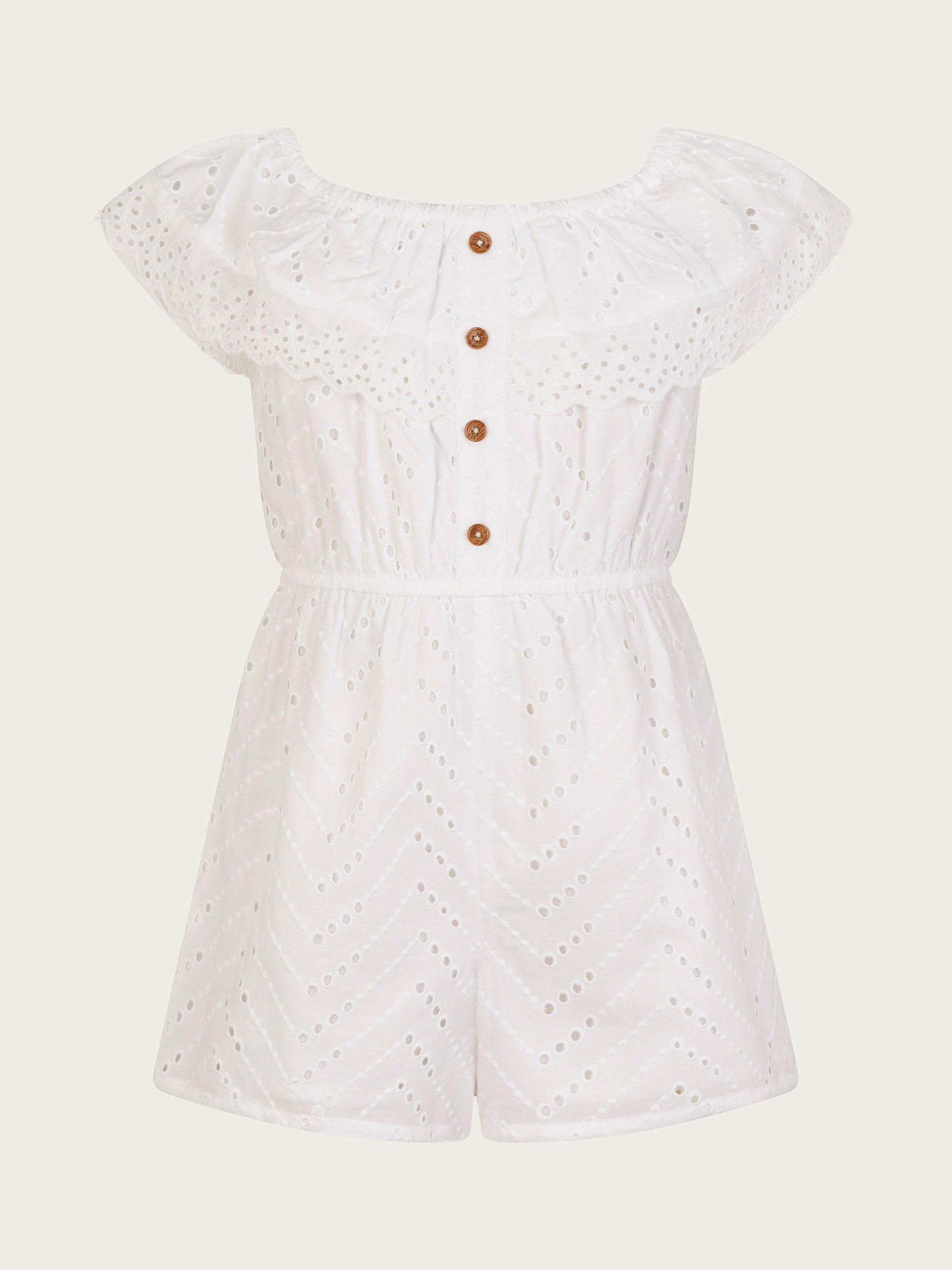 Product image 2 of 4, which shows Monsoon Kids' Ruffle Broderie Playsuit , White, 3-4 years
