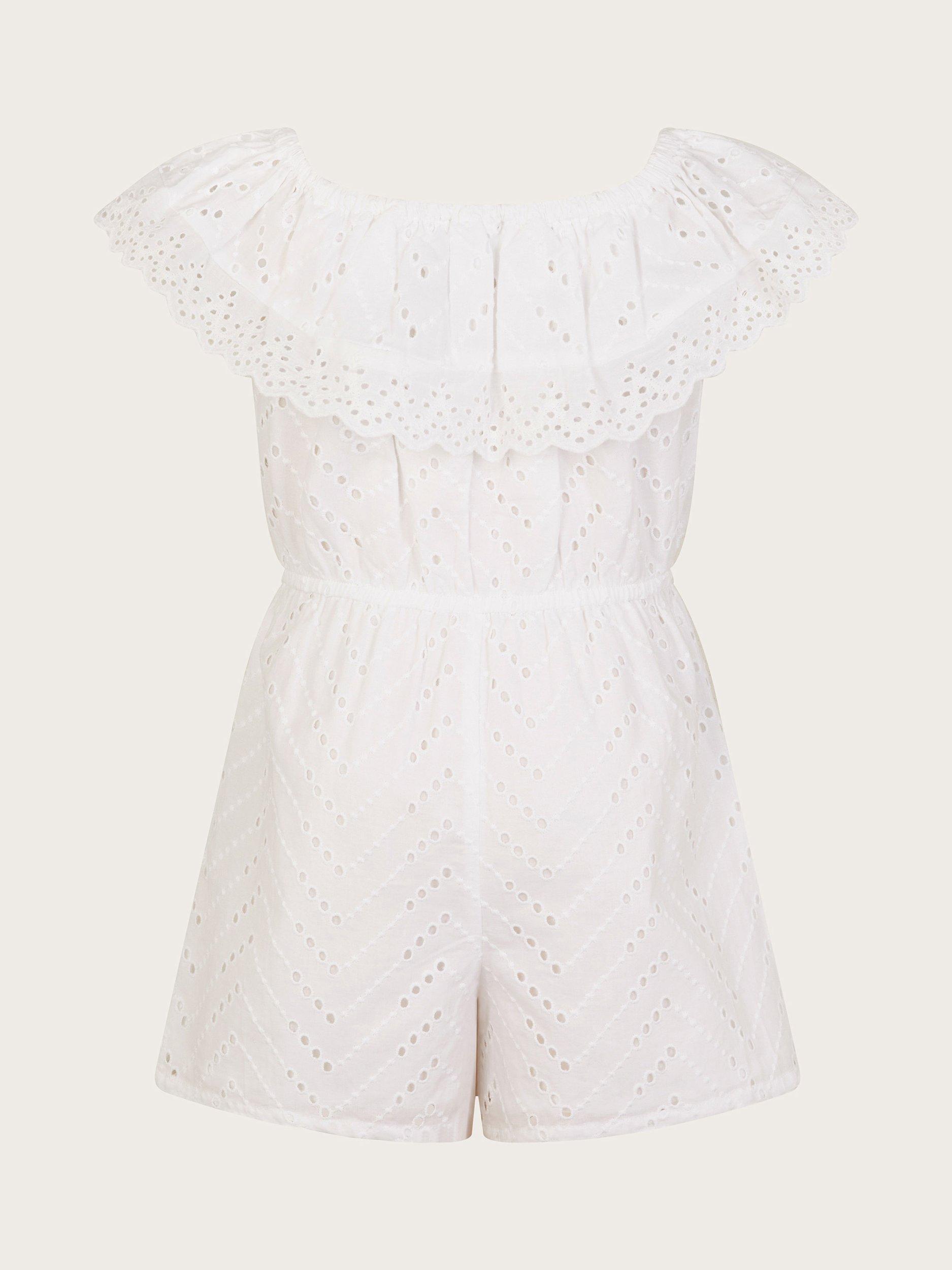 Product image 3 of 4, which shows Monsoon Kids' Ruffle Broderie Playsuit , White, 3-4 years