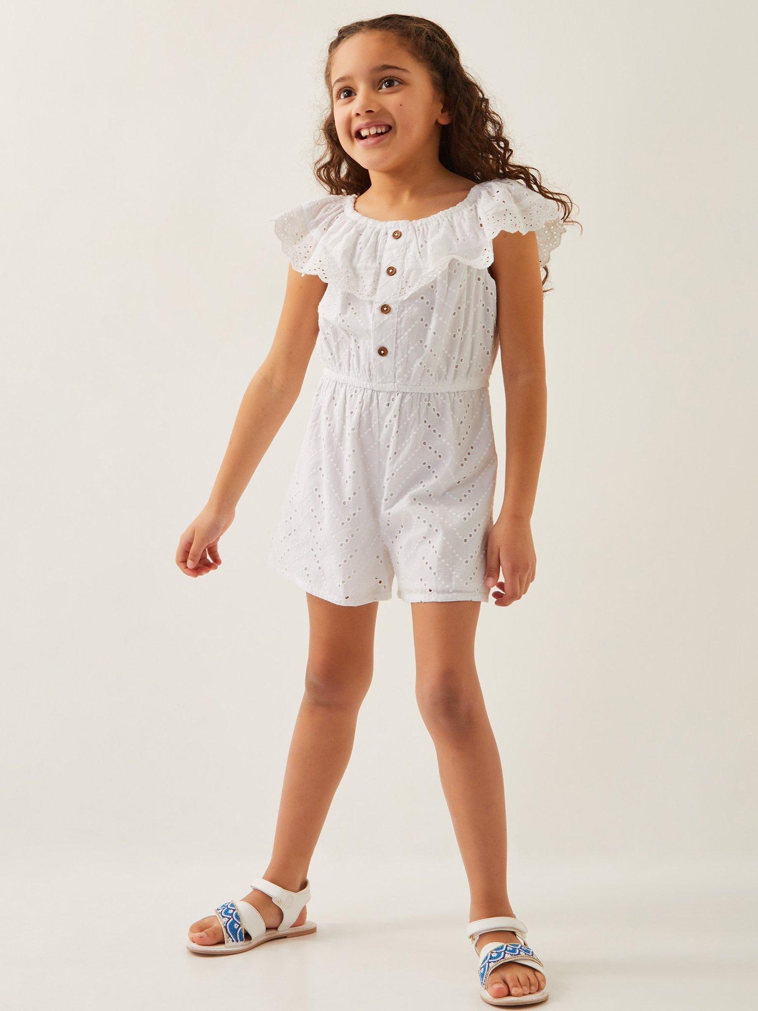 Product image 1 of 4, which shows Monsoon Kids' Ruffle Broderie Playsuit , White, 3-4 years
