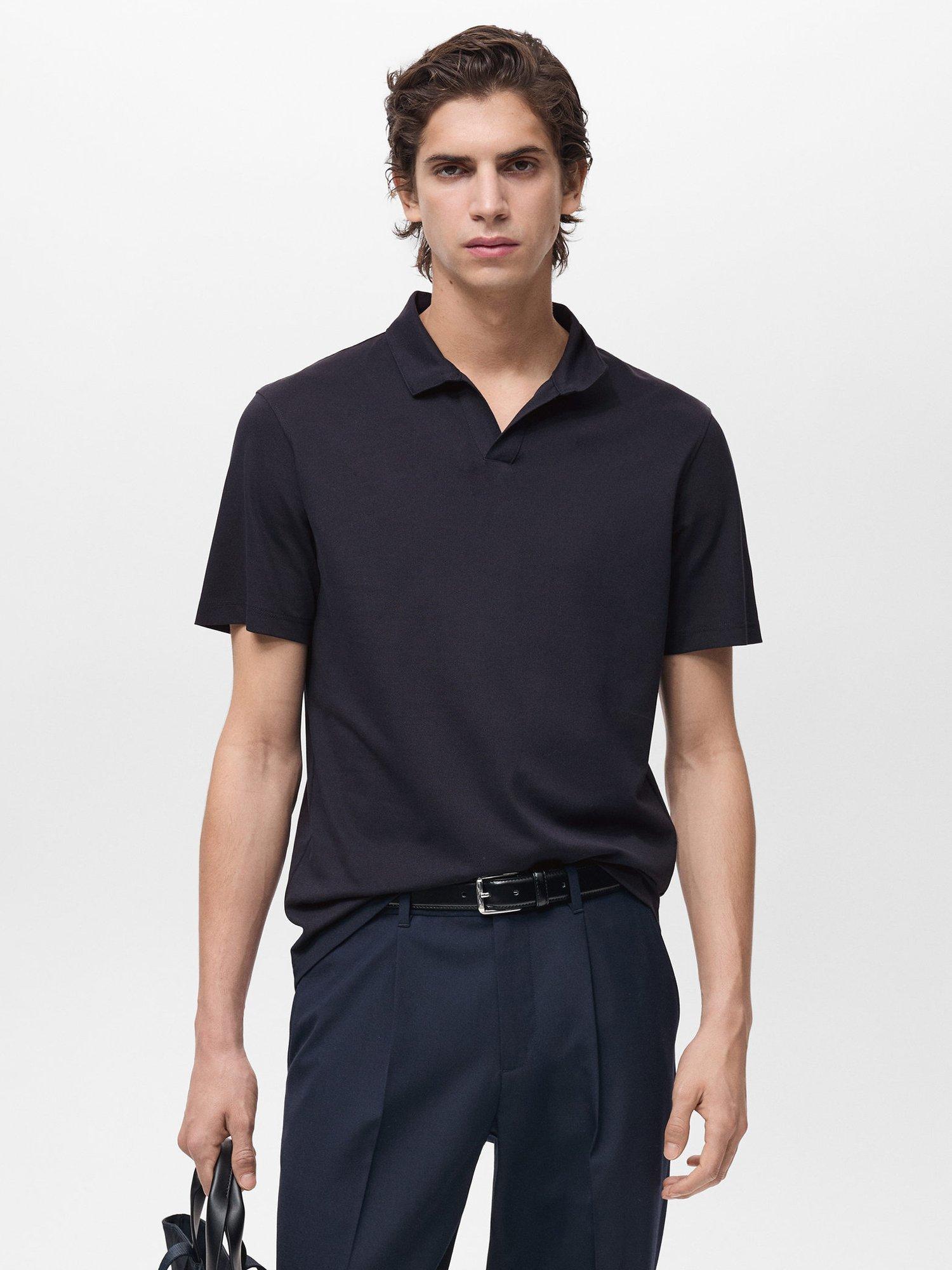Product image 1 of 7, which shows Mango Taga Cotton Blend Regular Fit Short Sleeve Polo Shirt, Dark Blue, XS