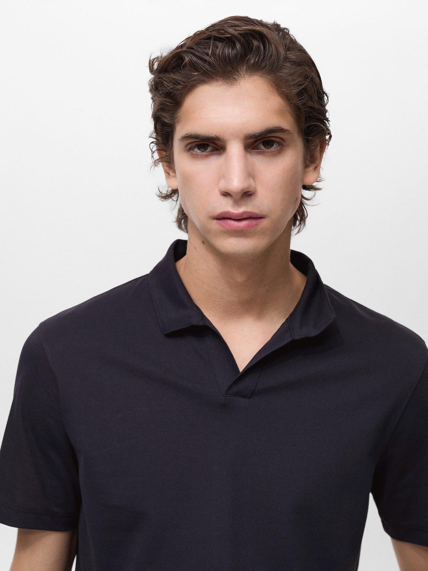 Product image 5 of 7, which shows Mango Taga Cotton Blend Regular Fit Short Sleeve Polo Shirt, Dark Blue, XS