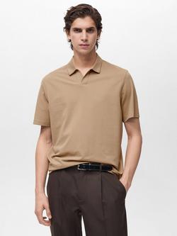 Mango Taga Cotton Blend Regular Fit Short Sleeve Polo Shirt, Mid Brown