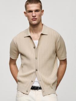 Mango Angelo Knitted Cotton Shirt, Navy, Beige