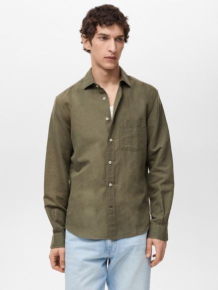 Mango Avispa Linen Cotton Blend Regular Fit Shirt, Khaki