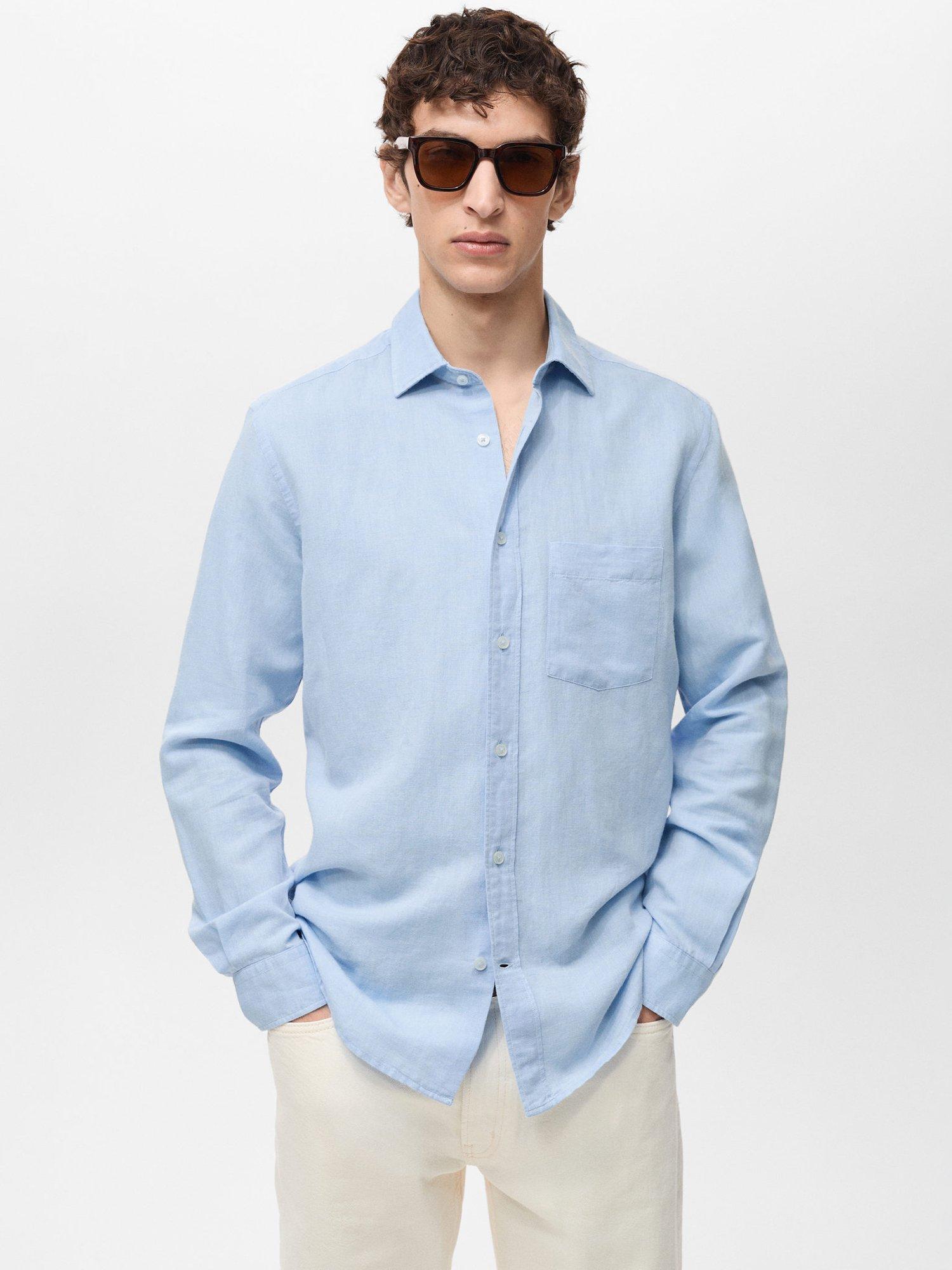 Product image 1 of 9, which shows Mango Avispa Linen Cotton Blend Regular Fit Shirt, Light Pastel Blue, XS
