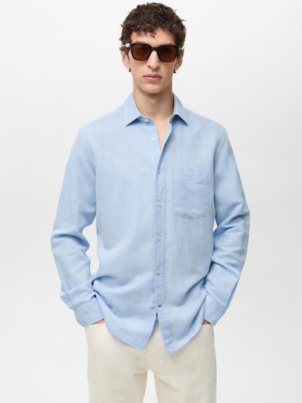 Mango Avispa Linen Cotton Blend Regular Fit Shirt, Light Pastel Blue