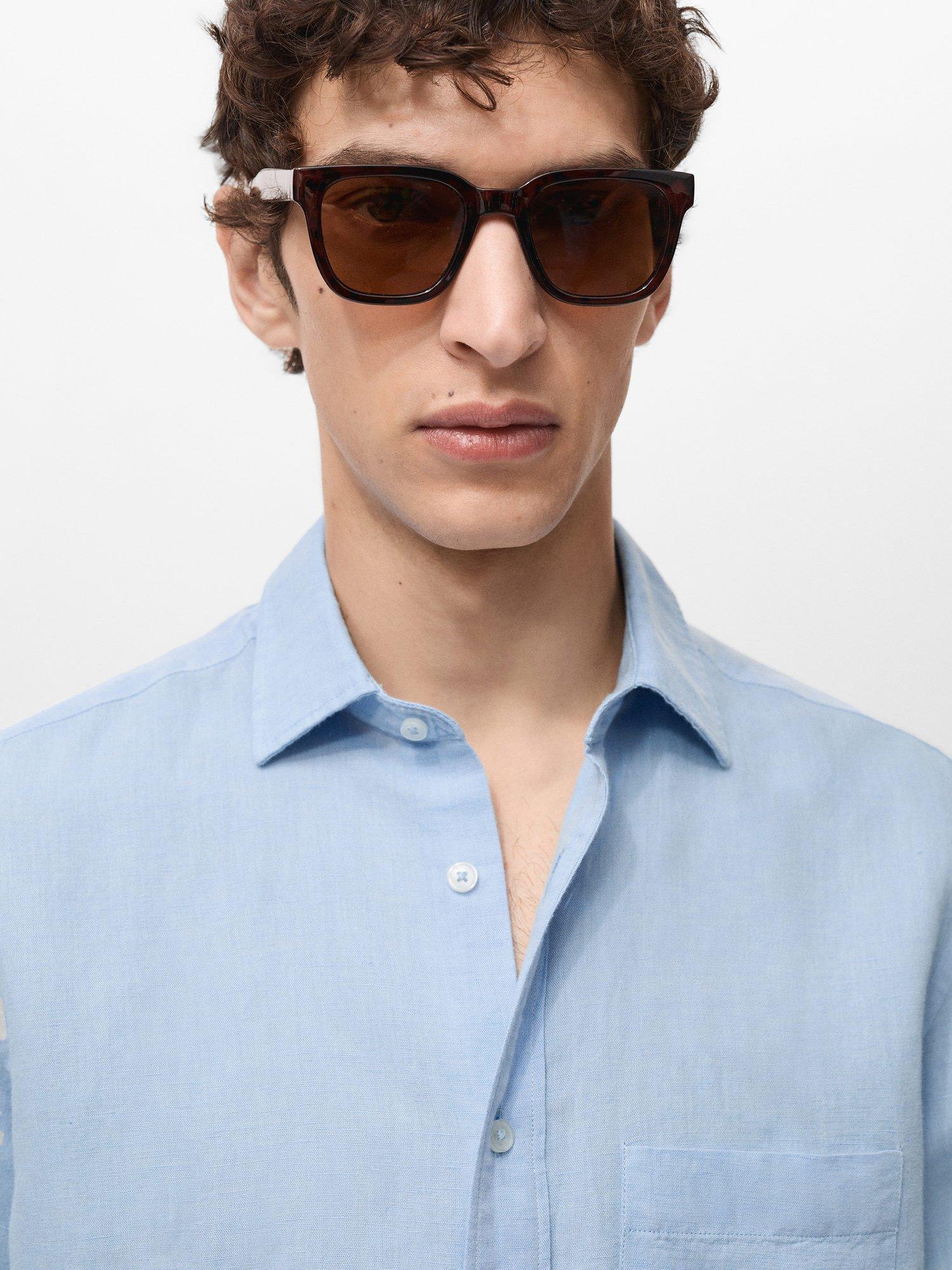 Product image 6 of 9, which shows Mango Avispa Linen Cotton Blend Regular Fit Shirt, Light Pastel Blue, XS