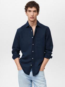 Mango Avispa Linen Cotton Blend Regular Fit Shirt, Navy
