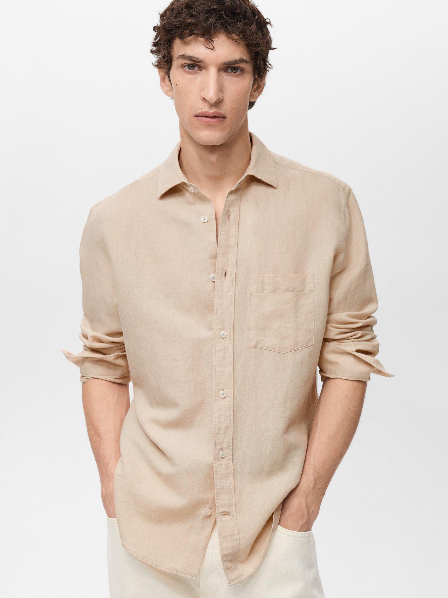 Product image 1 of 9, which shows Mango Avispa Linen Cotton Blend Regular Fit Shirt, Light Pastel Brown, XS