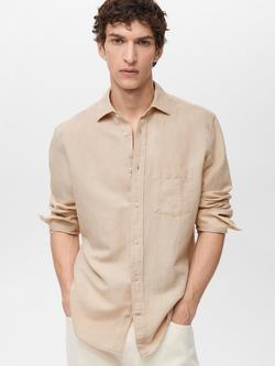 Mango Avispa Linen Cotton Blend Regular Fit Shirt, Light Pastel Brown