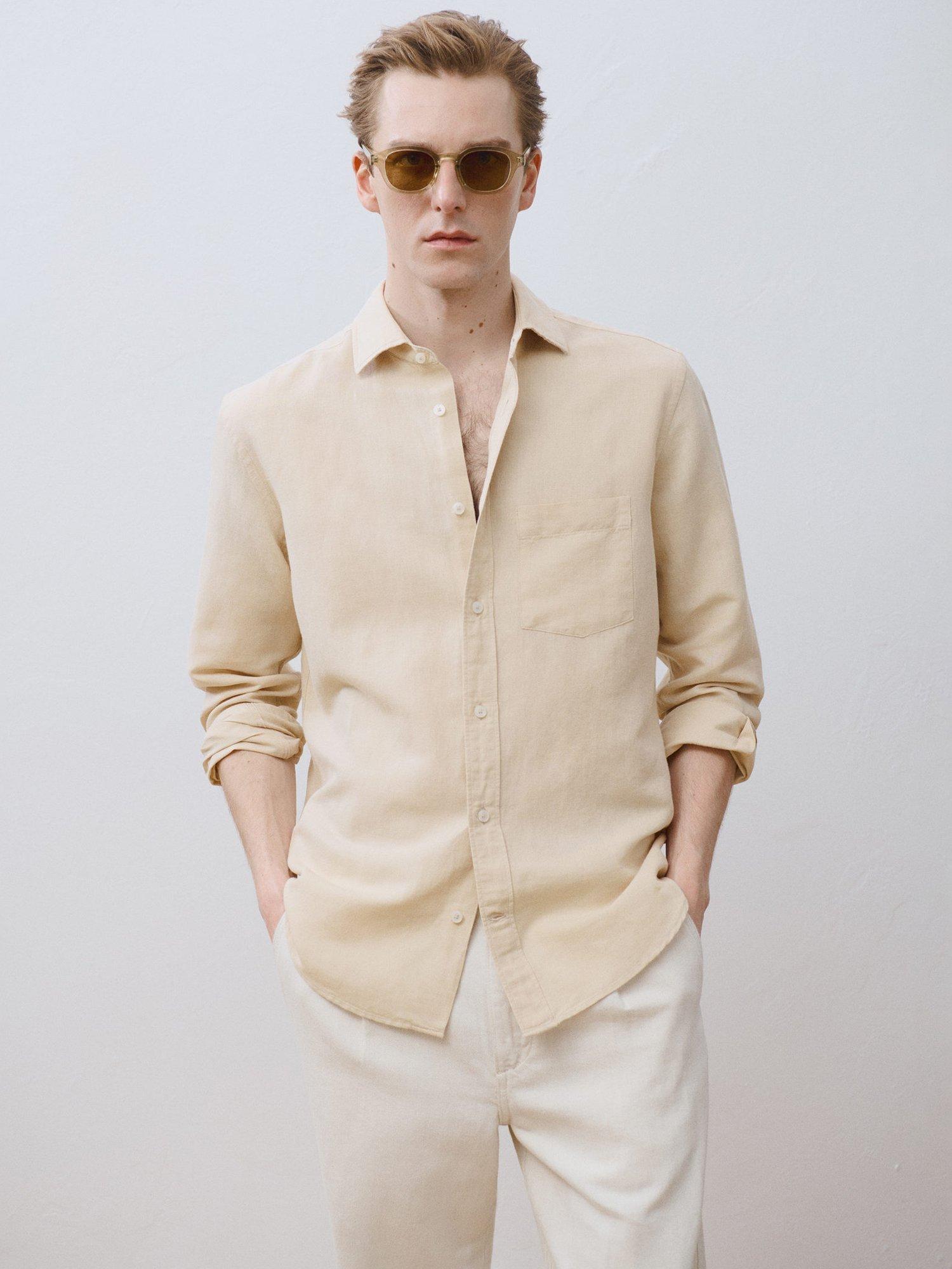 Product image 8 of 9, which shows Mango Avispa Linen Cotton Blend Regular Fit Shirt, Light Pastel Brown, XS
