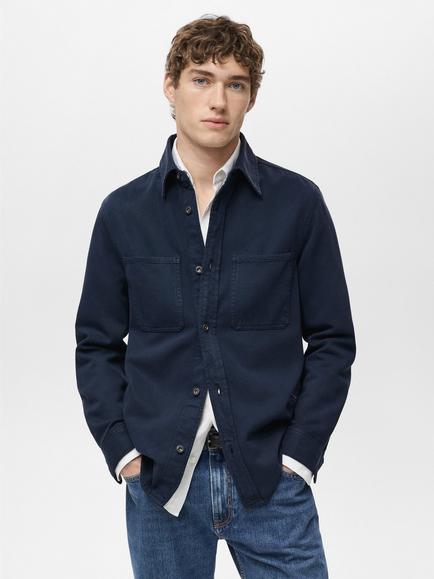 Mango Jay Cotton Blend Relaxed Fit Shirt, Natural White, Navy