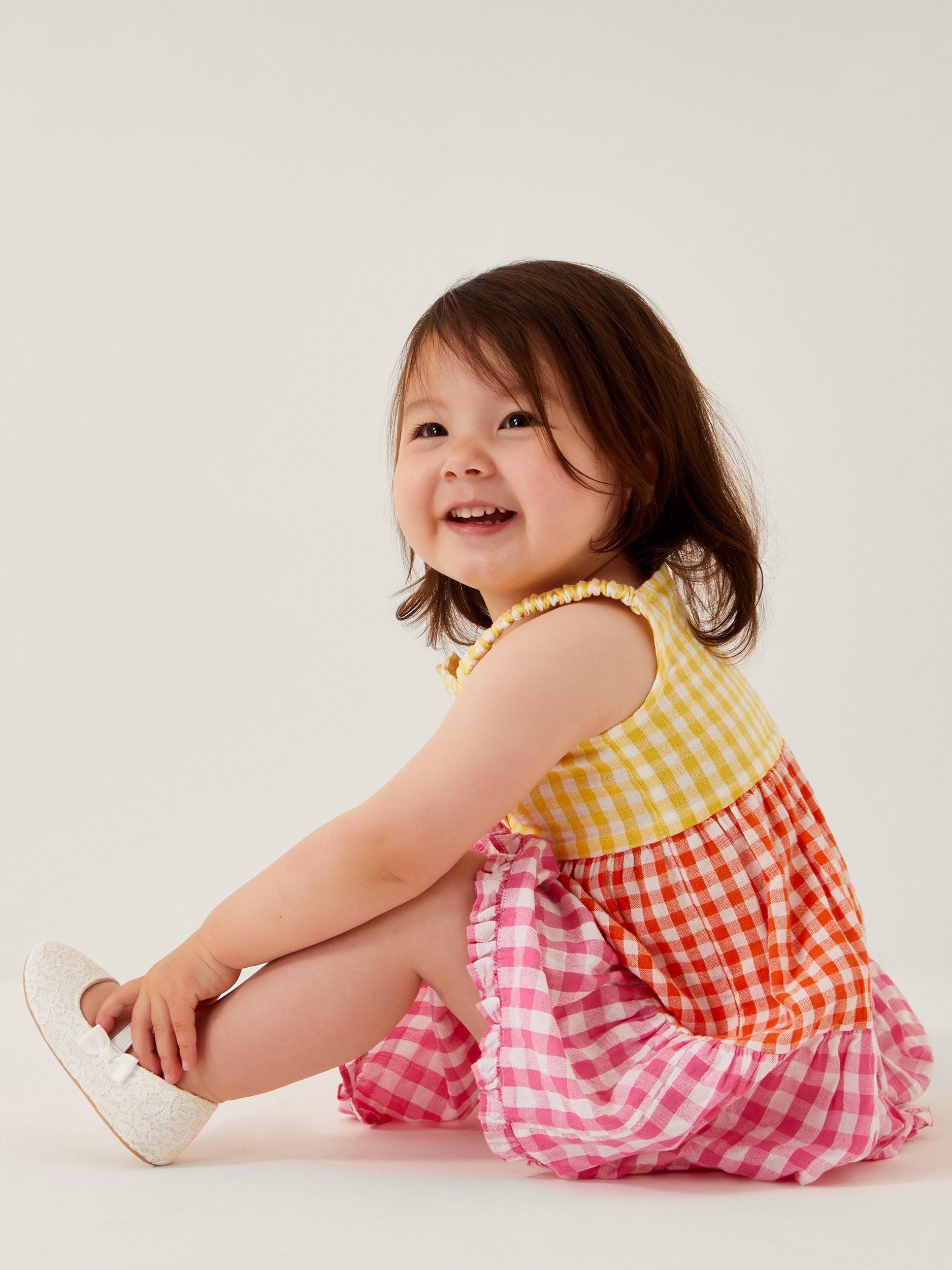 Product image 1 of 4, which shows Monsoon Baby Cotton Gingham Tiered Dress, Multi, 0-3 months