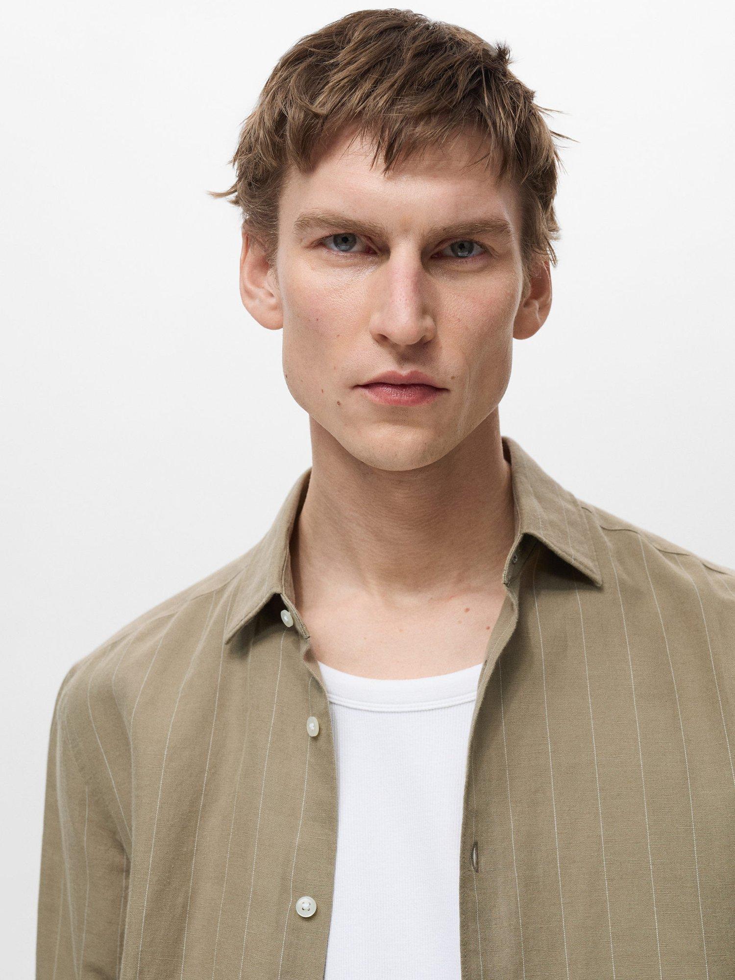 Product image 6 of 8, which shows Mango Rug Stripe Linen Cotton Blend Regular Fit Shirt, Khaki, L
