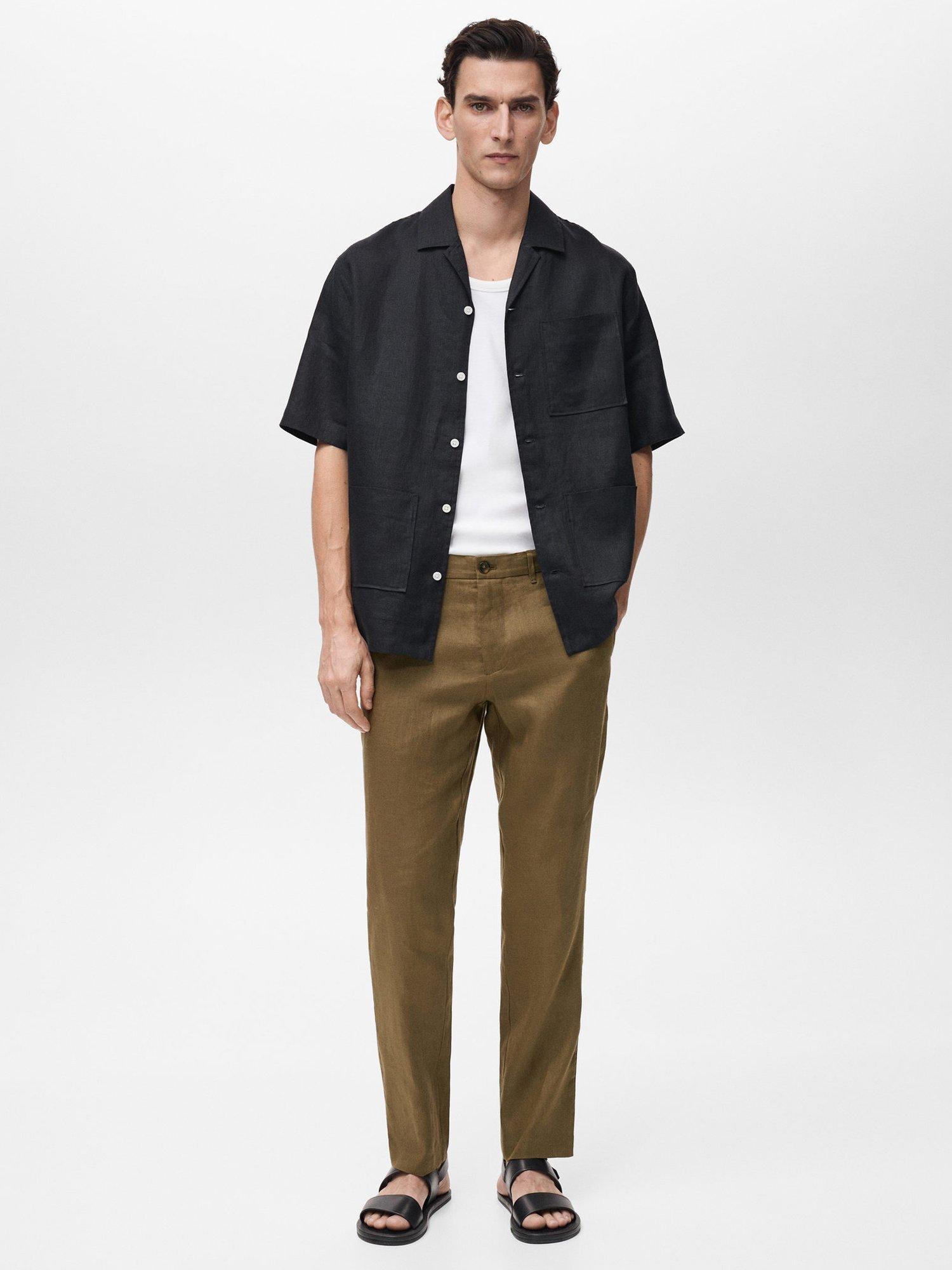 Product image 2 of 9, which shows Mango Oyster Linen Slim Trousers, Green, 29