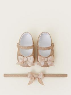 Moonsoon Baby Glitter Bow Booties and Headband Set, Gold, Gold