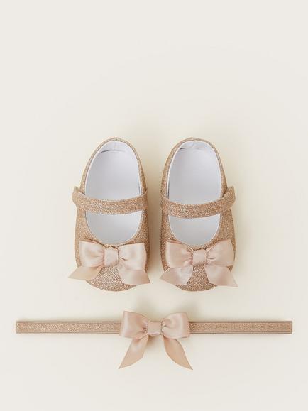 Monsoon Baby Glitter Bow Booties and Headband Set, Gold, Gold