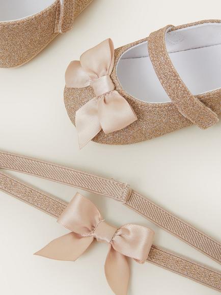 Monsoon Baby Glitter Bow Booties and Headband Set, Gold - view 2, Gold