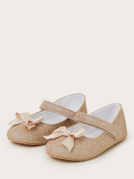 Monsoon Baby Glitter Bow Walkers, Gold - view 2, Gold