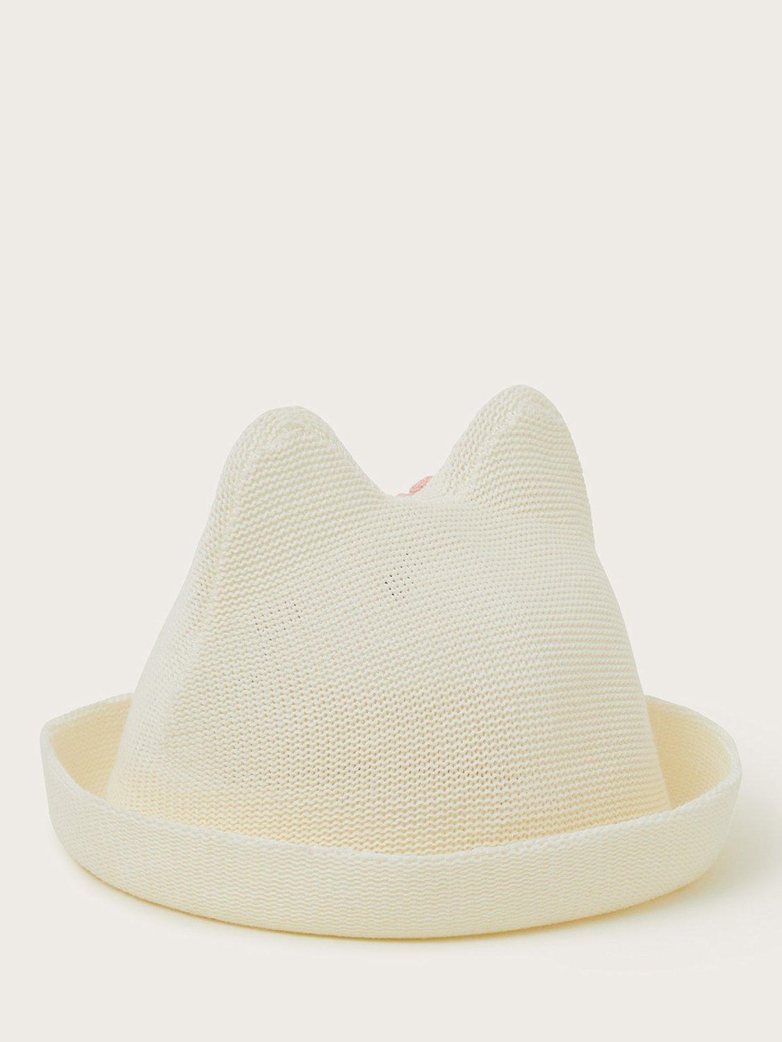 Product image 2 of 3, which shows Monsoon Baby Knitted Cat Hat, White, 0-6 months