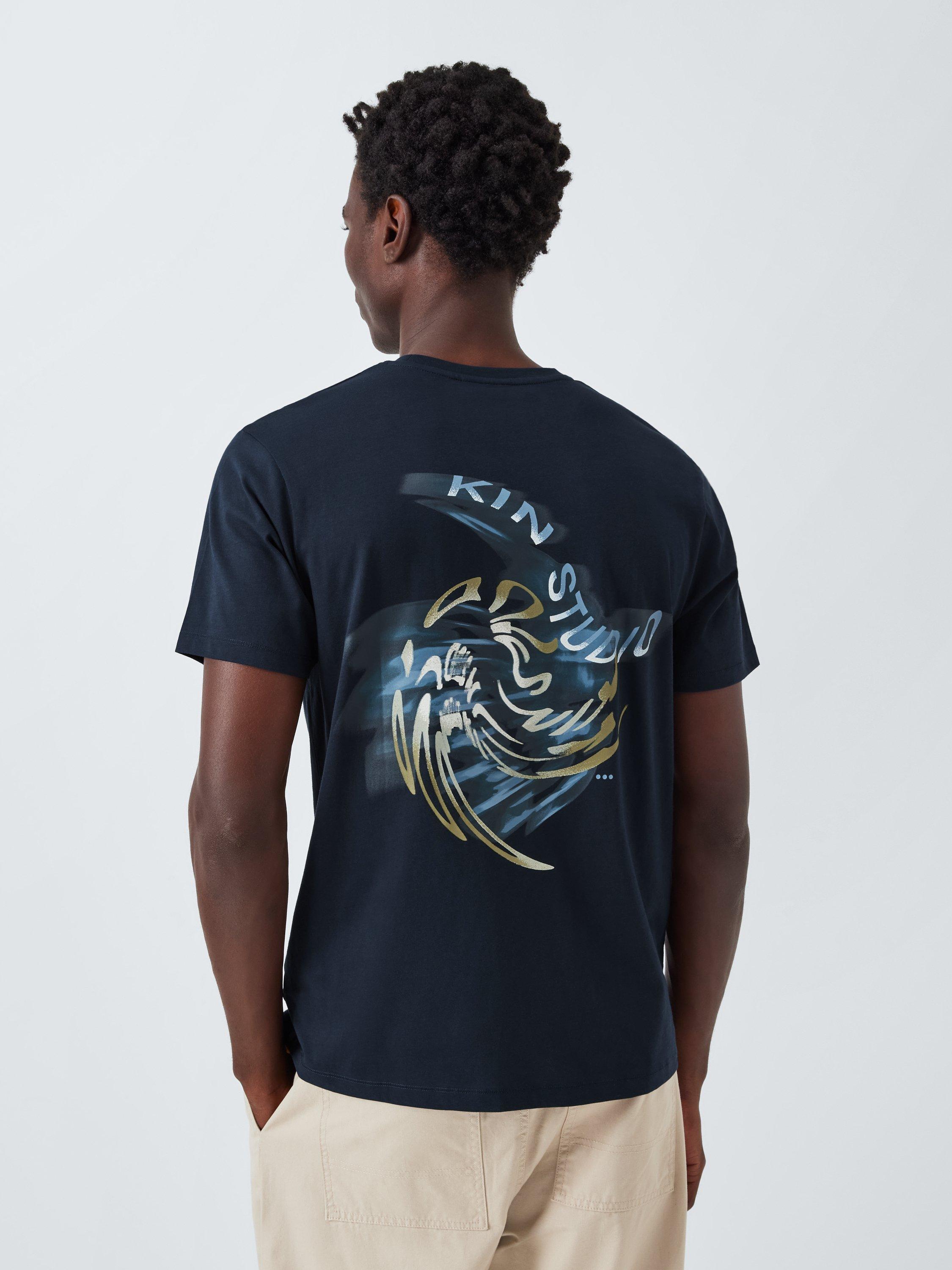 Product image 1 of 6, which shows Kin Distorted Graphic Cotton T-Shirt, Dark Sapphire, S