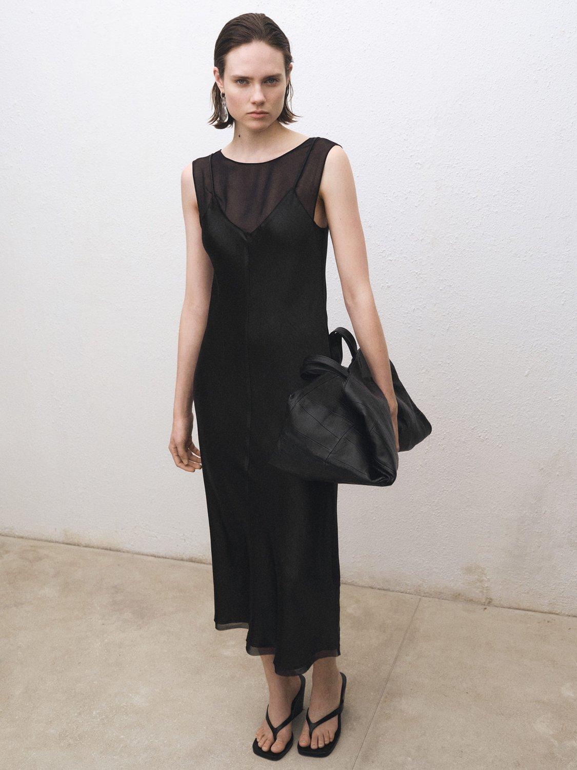 Product image 2 of 7, which shows Mango Olive Satin Dress, Black, 10