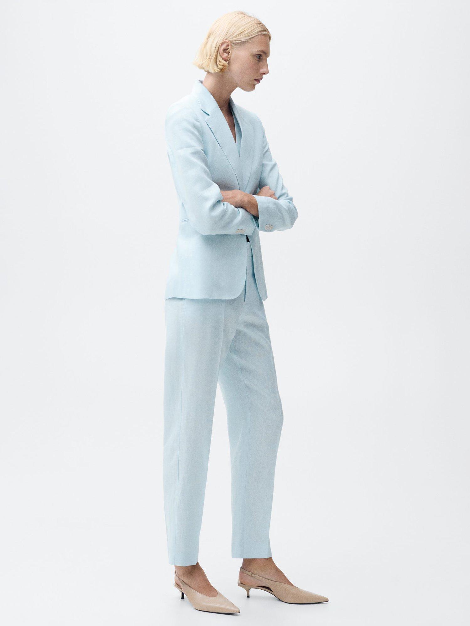 Product image 1 of 8, which shows Mango Boreli Straight Fit Linen Trousers, Pastel Blue, 10
