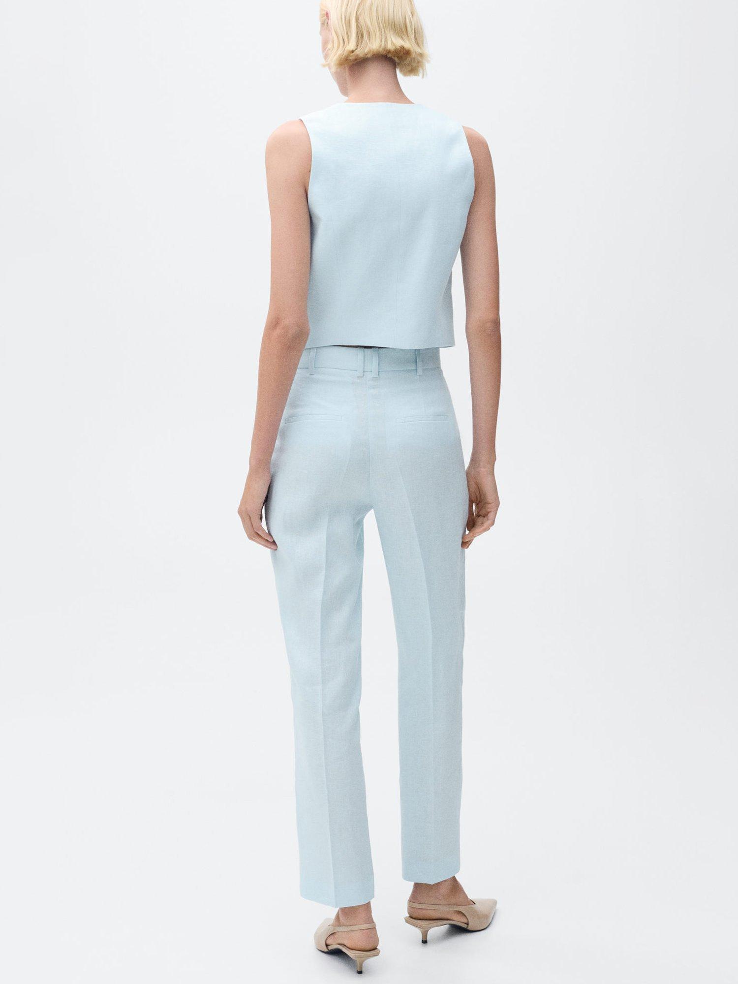 Product image 4 of 8, which shows Mango Boreli Straight Fit Linen Trousers, Pastel Blue, 10