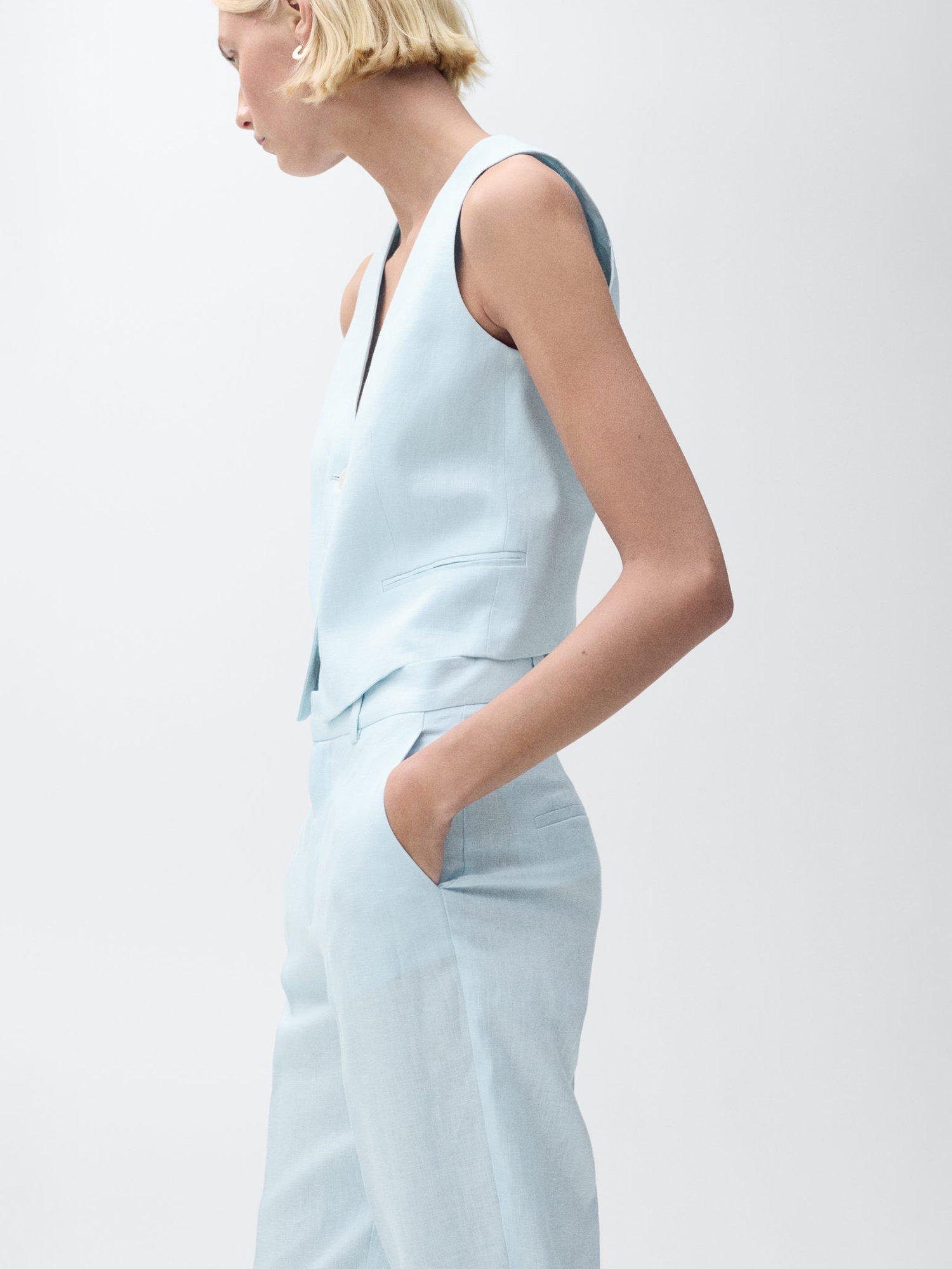 Product image 6 of 8, which shows Mango Boreli Straight Fit Linen Trousers, Pastel Blue, 10