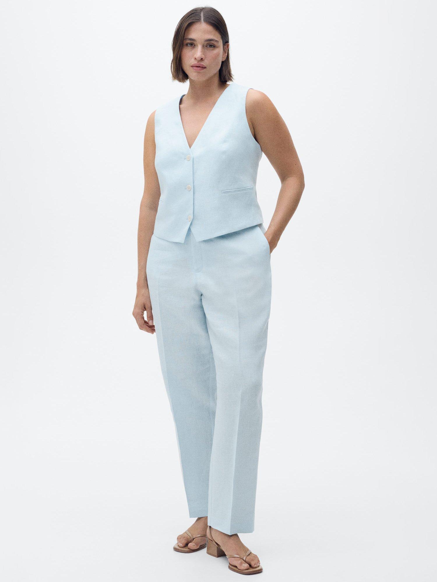 Product image 7 of 8, which shows Mango Boreli Straight Fit Linen Trousers, Pastel Blue, 10
