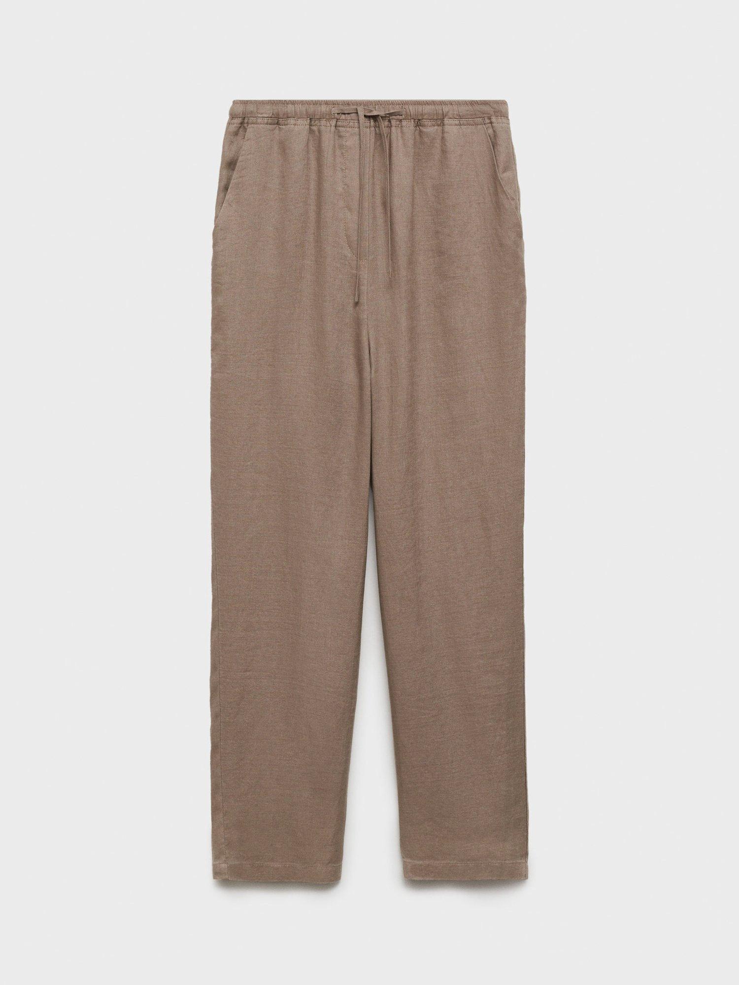 Mango Straight Pure Linen Trousers, Medium Brown