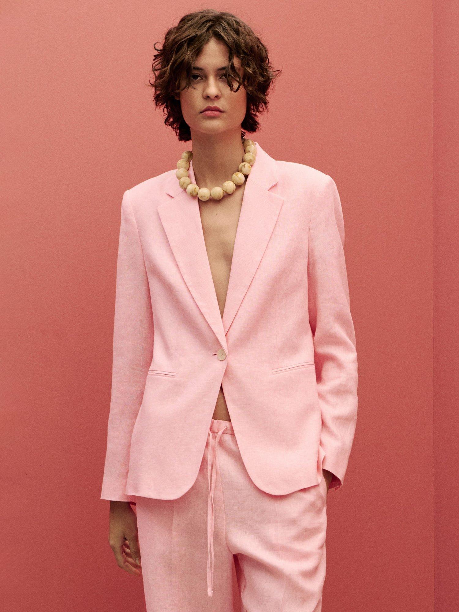 Product image 1 of 9, which shows Mango Boreli Pure Linen Blazer, Pale Pink, 8