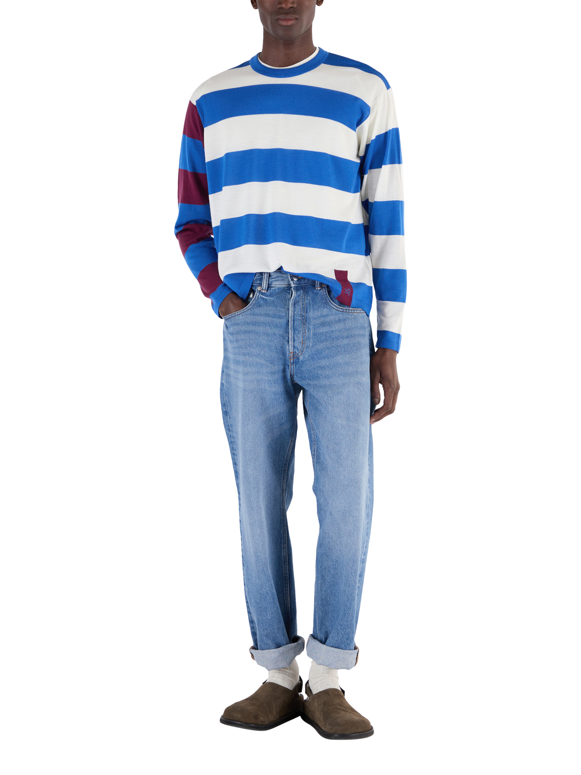 Product image 1 of 7, which shows John Smedley Merino Wool Stripe Contrast Sleeve Crew Neck Jumper, Jay Blue/Snow White, S