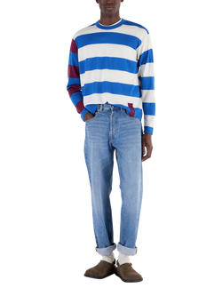 John Smedley Merino Wool Stripe Contrast Sleeve Crew Neck Jumper, Jay Blue/Snow White, Jay Blue/Snow White