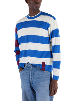 John Smedley Merino Wool Stripe Contrast Sleeve Crew Neck Jumper, Jay Blue/Snow White - view 2, Jay Blue/Snow White