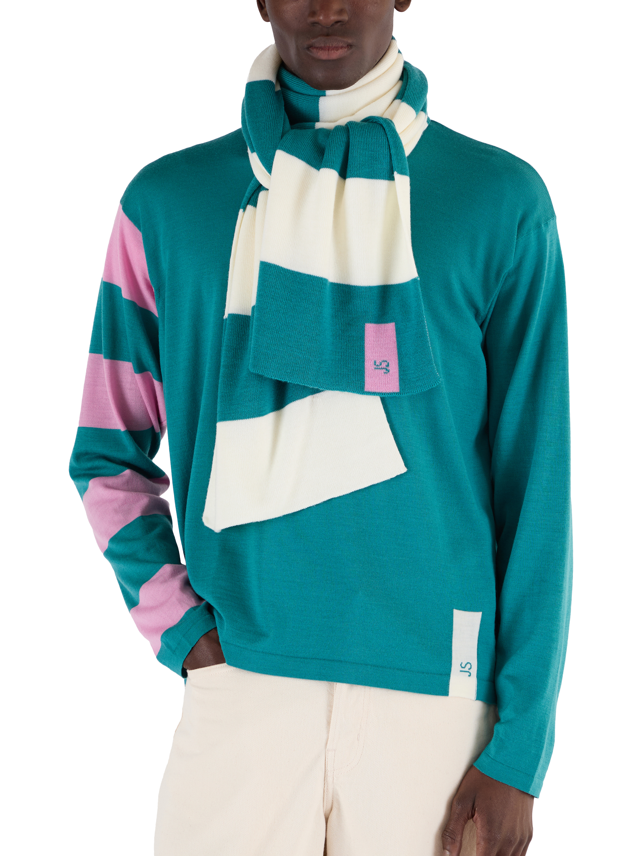 Product image 1 of 4, which shows John Smedley Merino Wool Stripe Scarf, Ocean Teal/Snow White