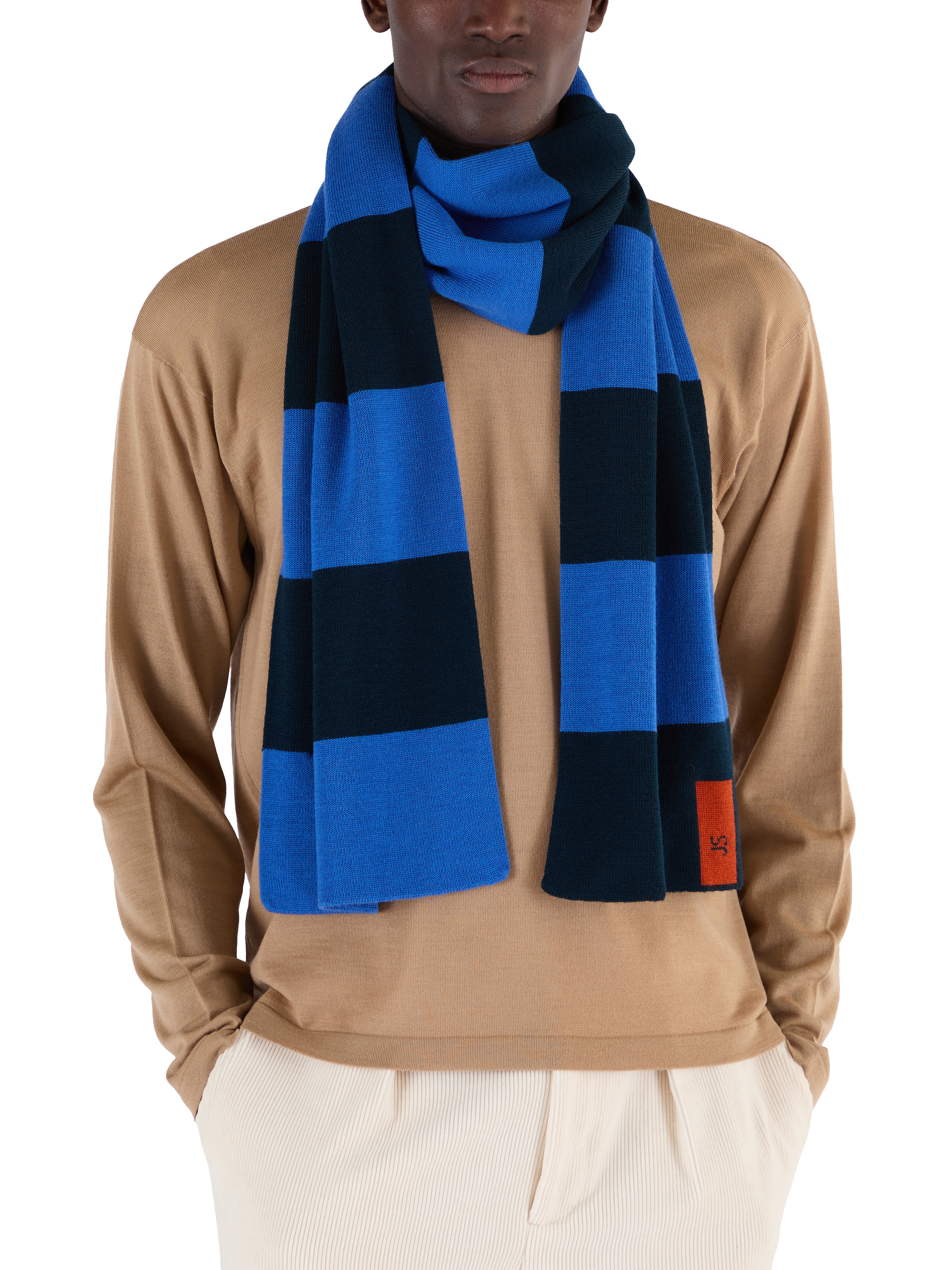 Product image 1 of 4, which shows John Smedley Merino Wool Stripe Scarf, Orion Green/Jay Blue