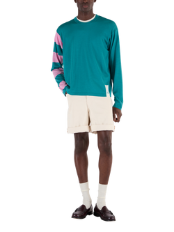 John Smedley Merino Wool Stripe Sleeve Jumper, Ocean Teal/Snow White, Ocean Teal/Snow White