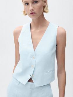 Mango Boreli Linen Waistcoat - view 2, Pastel Blue