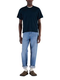 John Smedley Merino Wool Boxy Fit Crew Neck T-Shirt, Green/Orange, Navy/Orange