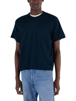 John Smedley Merino Wool Boxy Fit Crew Neck T-Shirt, Green/Orange - view 2, Navy/Orange