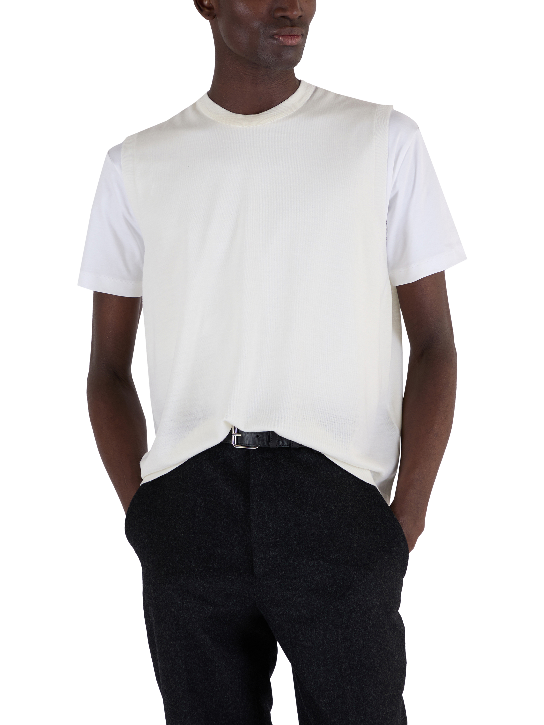 Product image 2 of 7, which shows John Smedley Merino Knitted Crew Neck Tank Top, Snow White/Persian Red, S