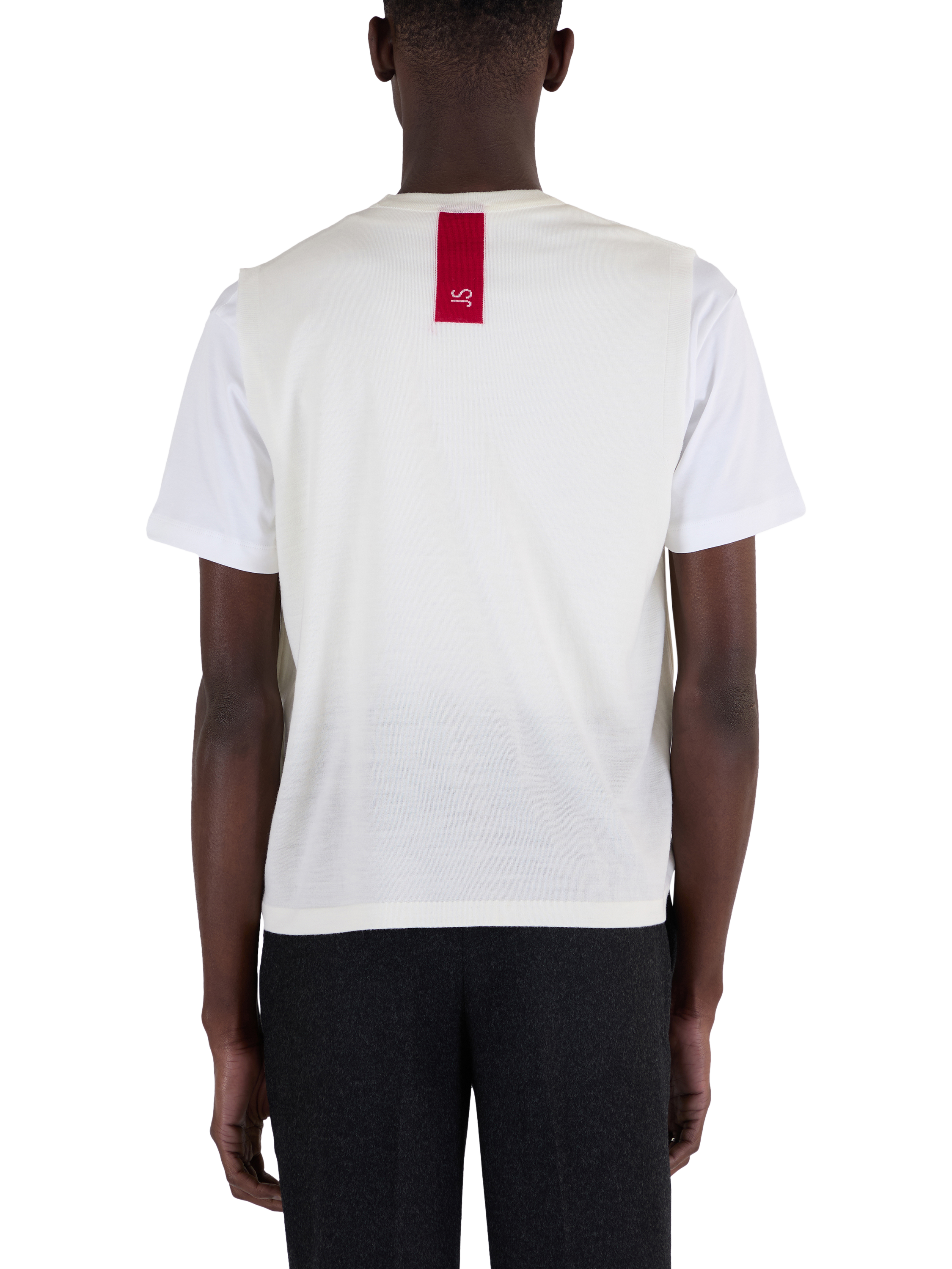 Product image 3 of 7, which shows John Smedley Merino Knitted Crew Neck Tank Top, Snow White/Persian Red, S