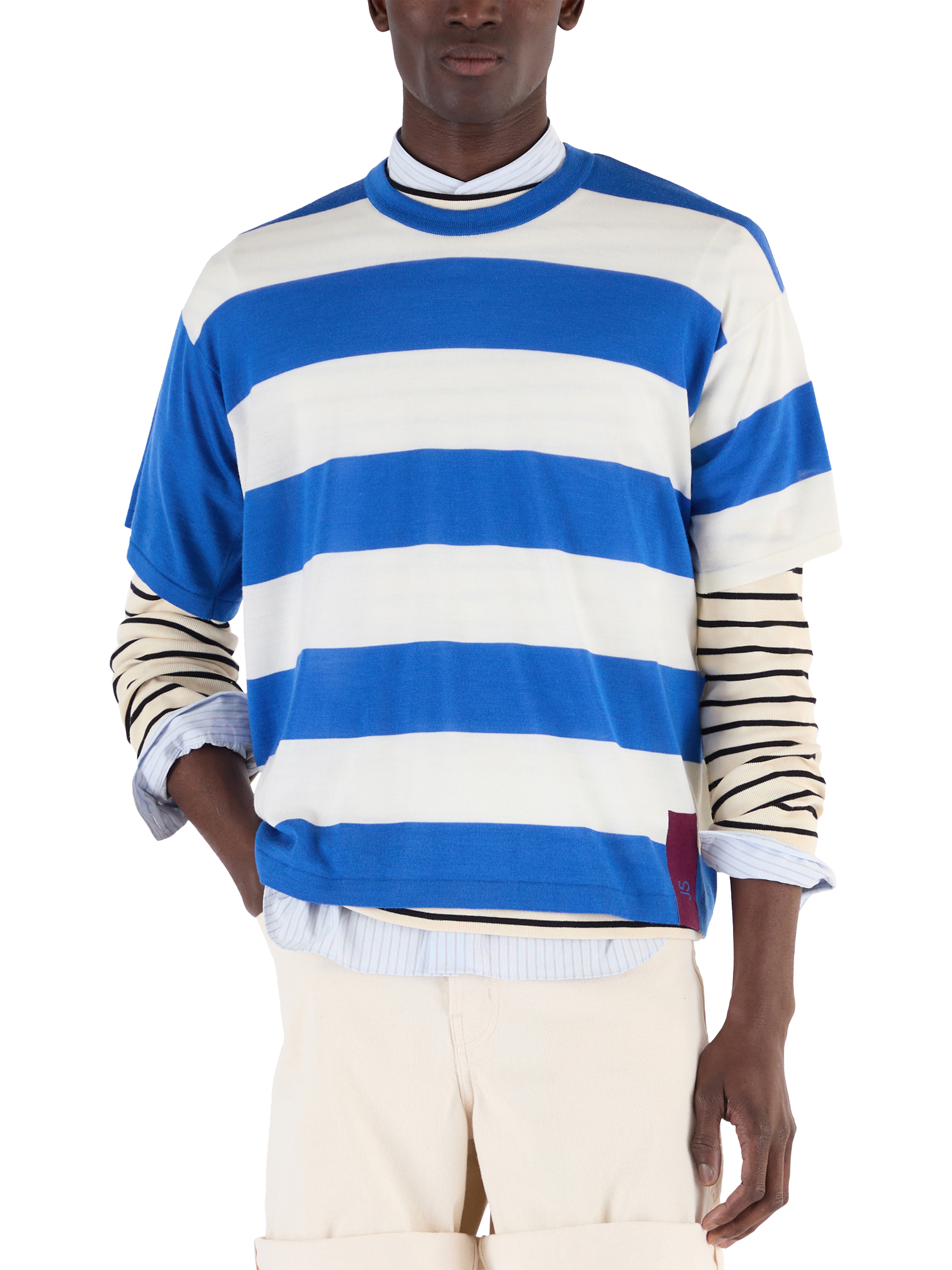 Product image 1 of 6, which shows John Smedley Merino Wool Stripe Boxy Fit Crew Neck T-Shirt, Jay Blue/Snow White, S